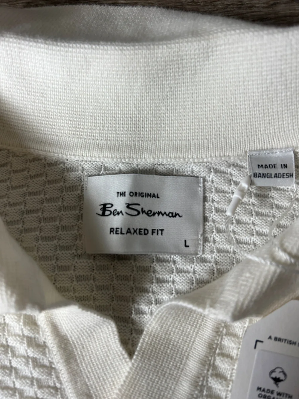 Ben Sherman Relaxed Fit Long Sleeve Textured Open Neck Knitted Polo in Ivory
